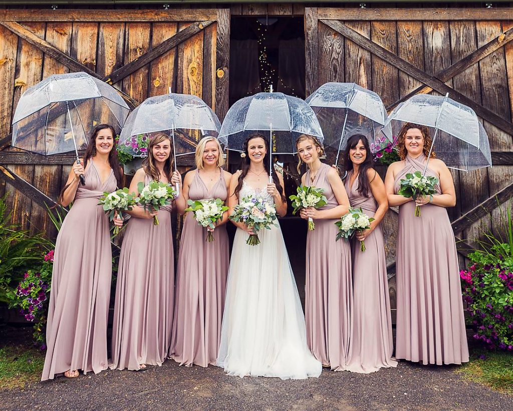 rainy wedding with bridesmaids under clear umbrellas from Target